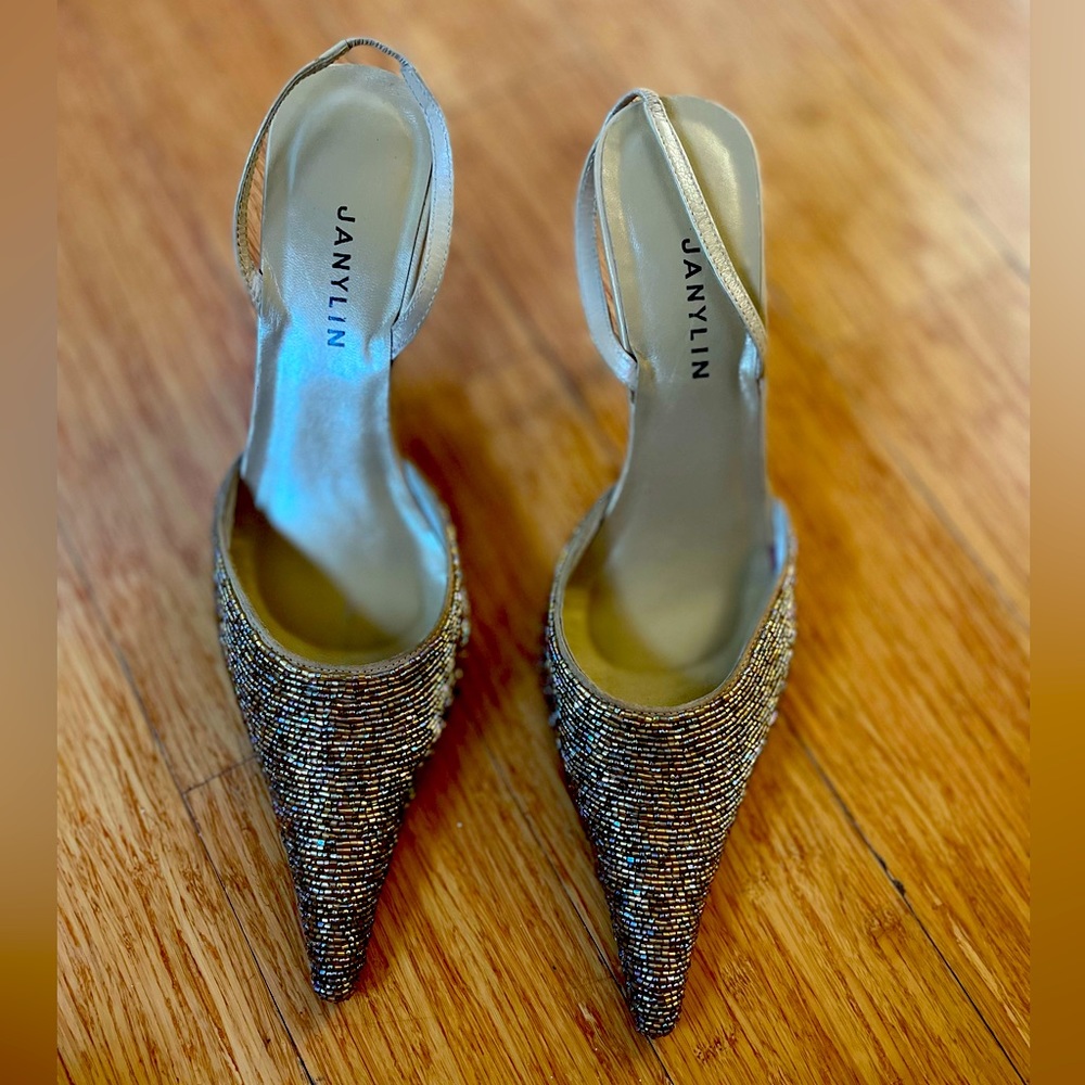 Gorgeous Gold Beaded Slingback Heeled Mules